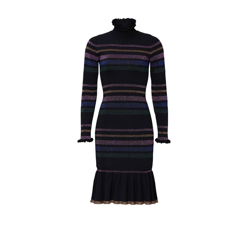 Shoshanna Evette Black Striped Knit Long Sleeve Ruffle Mock Neck Sweater Dress S - Picture 5 of 14